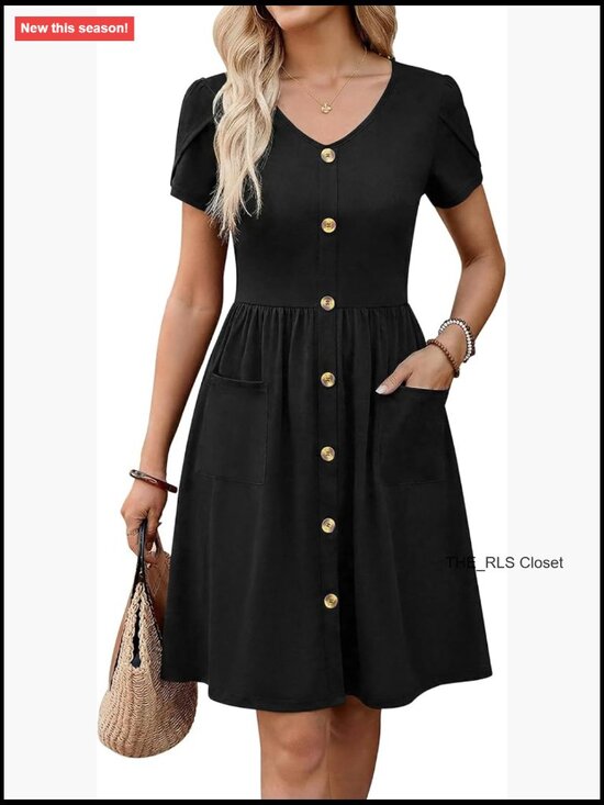 Dresses & Skirts - V Neck Mini Dress with Pockets Petal Sleeve Button Down Swing Dress